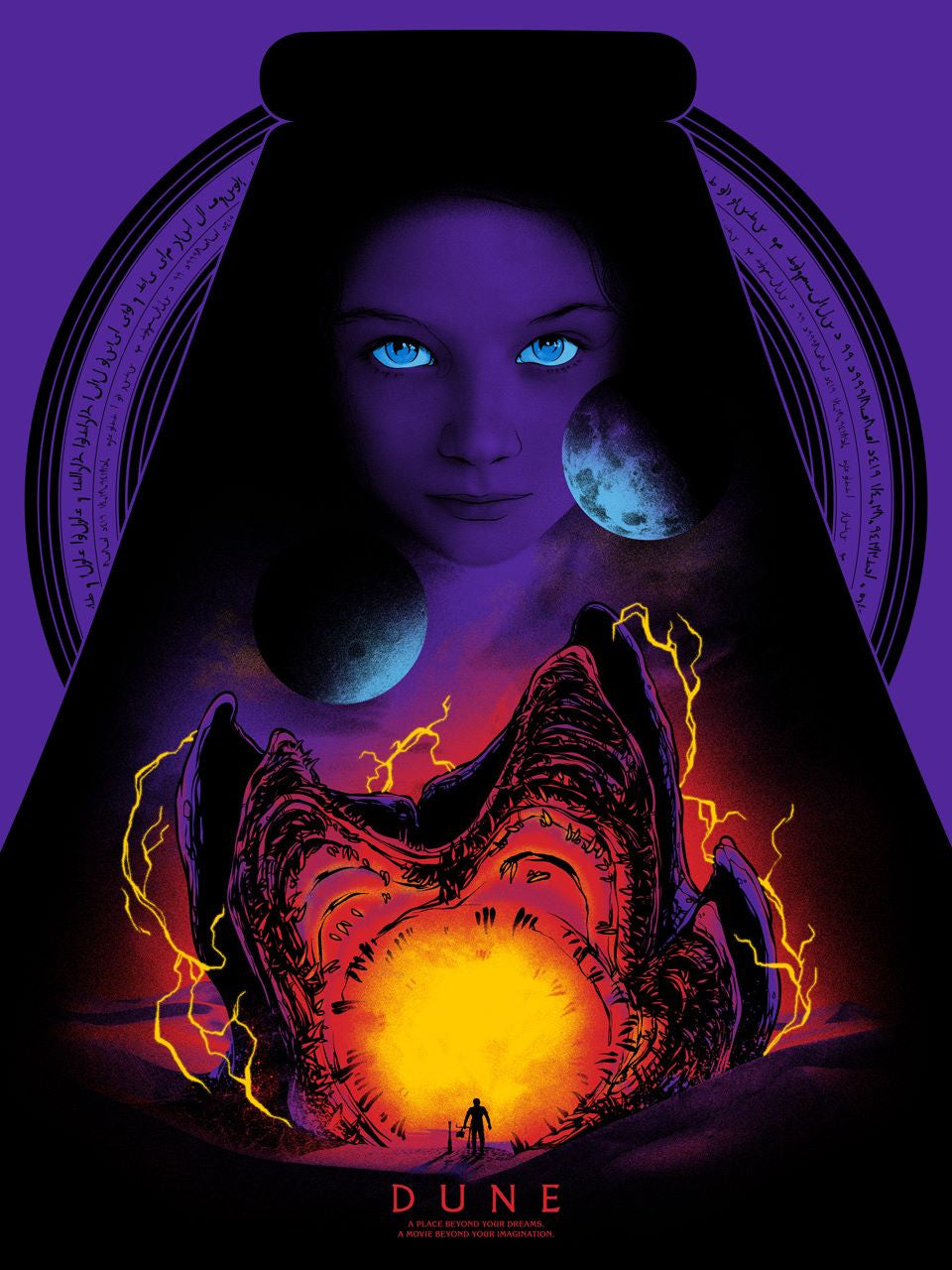 Dune by Joshua Budich: A vibrant screenprint showing a giant sandworm with a glowing orange core, a standing figure, and Saint Alia of the Knife in the sky framed by Arabic script. Bold colors and surreal elements highlight this stylized piece.