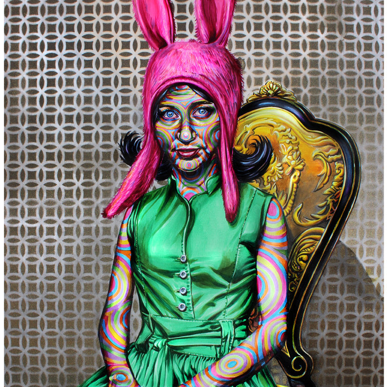 A person in a green dress and bright pink Louise Belcher-style hat sits on a gold-ornate chair, their skin displaying colorful swirling patterns. The vibrant artistry echoes the style of Joshua Roman, as seen at Spoke Art NYC.