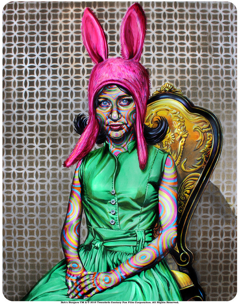 A person in a green dress and bright pink Louise Belcher-style hat sits on a gold-ornate chair, their skin displaying colorful swirling patterns. The vibrant artistry echoes the style of Joshua Roman, as seen at Spoke Art NYC.