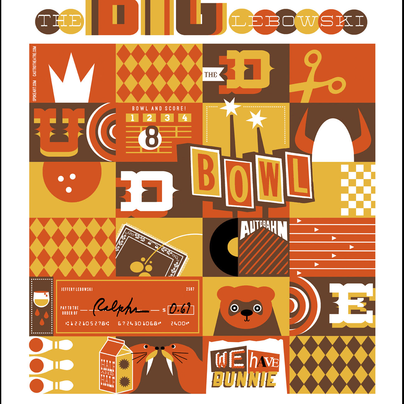 Adam Jureskos colorful retro-style screen print poster celebrates The Big Lebowski with bowling imagery, a bear, vibrant patterns, and text like The Dude, Bowl, and Weave Bunnie in rich orange, brown, and yellow tones. A perfect piece for Castro Theatre fans.