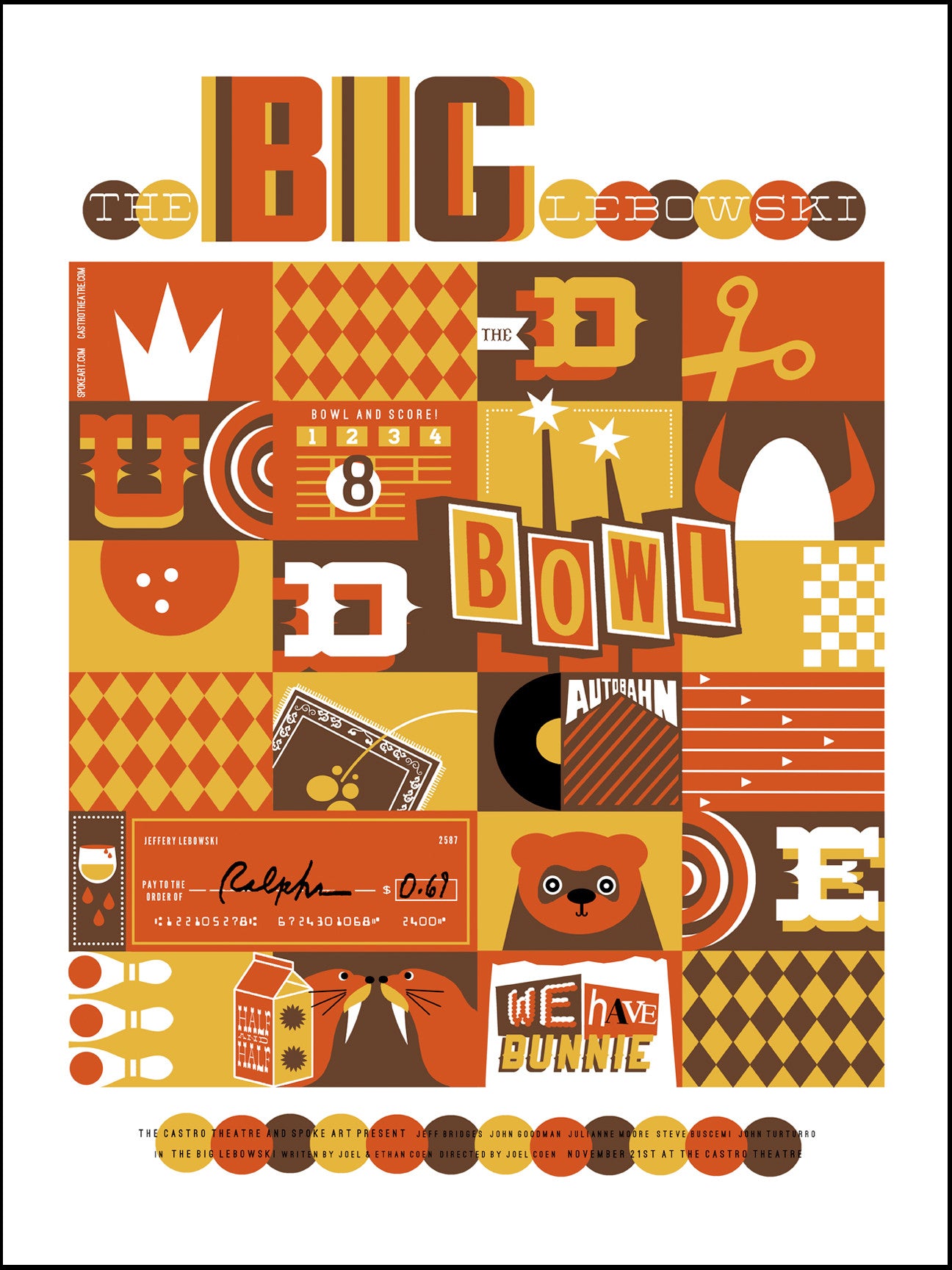 Adam Jureskos colorful retro-style screen print poster celebrates The Big Lebowski with bowling imagery, a bear, vibrant patterns, and text like The Dude, Bowl, and Weave Bunnie in rich orange, brown, and yellow tones. A perfect piece for Castro Theatre fans.