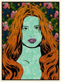 A stylized Chuck Sperry-inspired portrait of a woman with long, wavy red hair and green skin against a vibrant floral background. Her neutral expression exudes justice, enhanced by mysterious purple lips, making it ideal for any San Francisco gallery.