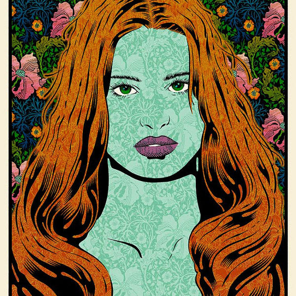 A stylized Chuck Sperry-inspired portrait of a woman with long, wavy red hair and green skin against a vibrant floral background. Her neutral expression exudes justice, enhanced by mysterious purple lips, making it ideal for any San Francisco gallery.