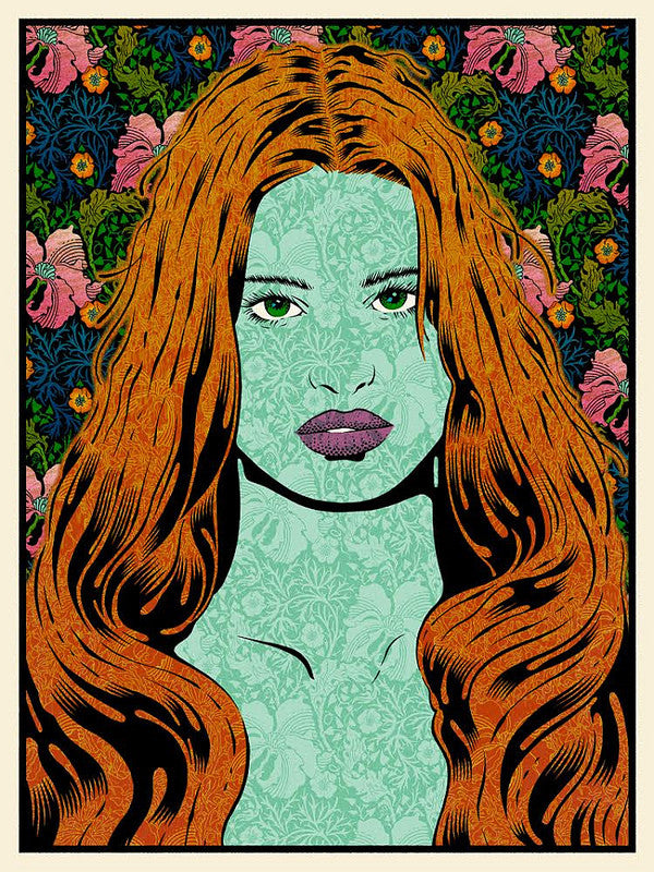 A stylized Chuck Sperry-inspired portrait of a woman with long, wavy red hair and green skin against a vibrant floral background. Her neutral expression exudes justice, enhanced by mysterious purple lips, making it ideal for any San Francisco gallery.