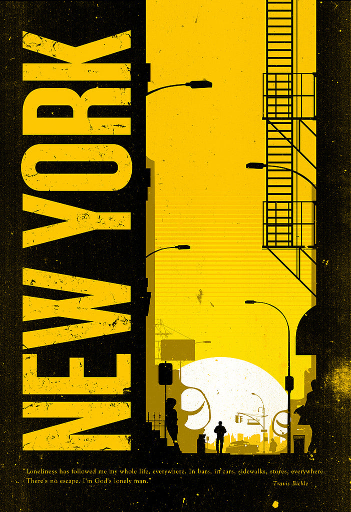 This Justin Van Genderen illustration features a yellow and black palette with New York vertically on the left. Urban elements like streetlights and a fire escape evoke New York loneliness, while a Travis Bickle solitude quote at the bottom is ideal for a Martin Scorsese art show.