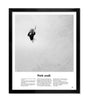 A black-framed limited edition screen print by Justin Van Genderen features a distant Volkswagen Beetle in a snowy landscape with the text Think small. Originally released as a NYCC 2015 Exclusive, this piece echoes nostalgia.