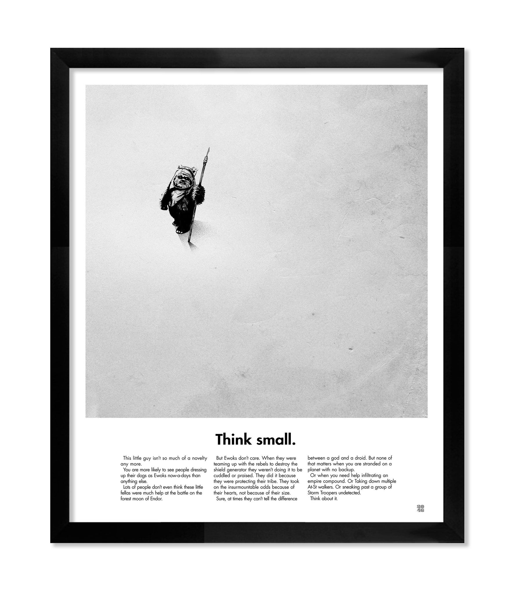 A black-framed limited edition screen print by Justin Van Genderen features a distant Volkswagen Beetle in a snowy landscape with the text Think small. Originally released as a NYCC 2015 Exclusive, this piece echoes nostalgia.