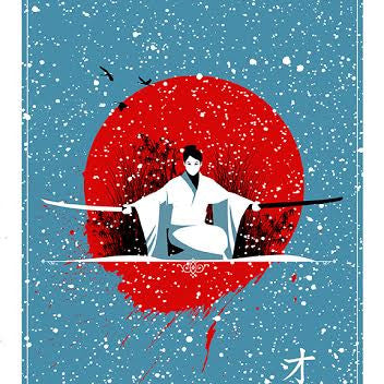 A Justin Van Genderen screen print showcases a samurai in a white robe with a sword, set against a sun-like red circle. The blue background, adorned with white speckles and decorative corners, resembles an Oren Ishii scroll, completed with Japanese characters on the right side.
