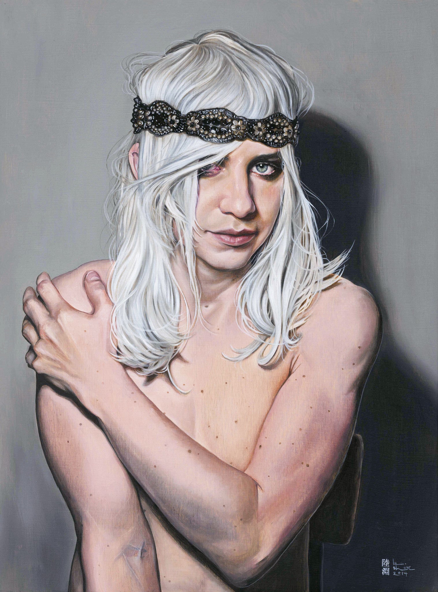 A person with long white hair and a beaded headband reminiscent of the Boy with a Pearl Headband poses confidently against a neutral background. This detailed oil portrait on cradled wood panel by Kaspian Shore evokes a mesmerizing blend of strength and vulnerability.