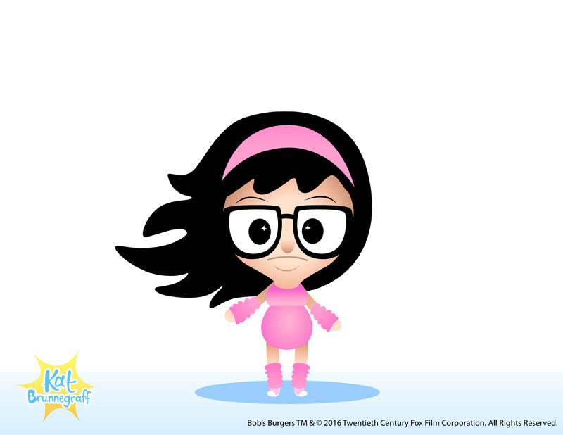 This cartoon character features big glasses, a pink headband, a sweater, and mittens. Her black hair and cheerful smile stand out against a blue background. The name Kat Brunnegraff is in the corner, offering a delightful nod to playful artistry similar to Bobs Burgers style.