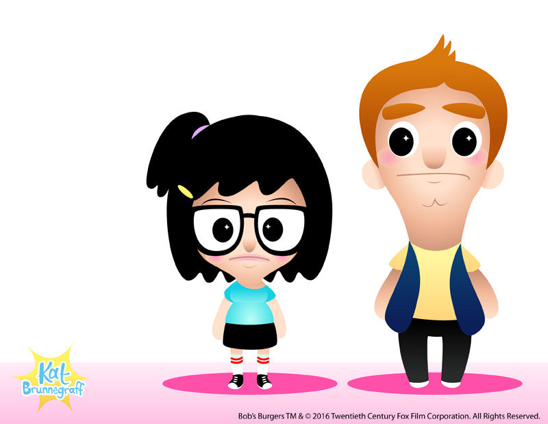 A cartoon girl with glasses, black hair in a ponytail, blue shirt, and striped socks stands beside a cartoon boy with orange hair, blue shirt, and yellow vest. This Kat Brunnegraff archival digital print captures their charm against a pinkish backdrop reminiscent of Gallery1988 LA exhibits.