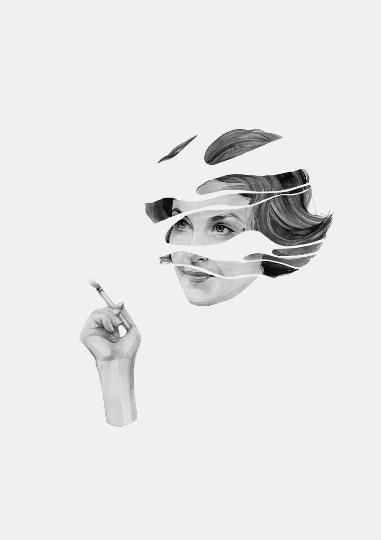 Surreal grayscale artwork of a fragmented womans face on Bristol board, with finely detailed eyes and lips. Below, a disembodied hand holds a lit match against a blank background, capturing the ethereal touch of Kate Copelands watercolor style.