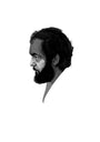 A black and white illustration of a mans profile by Kate Copeland, featuring wavy hair and a beard in an enigmatic Stanley Kubrick style, facing left on a plain white background.