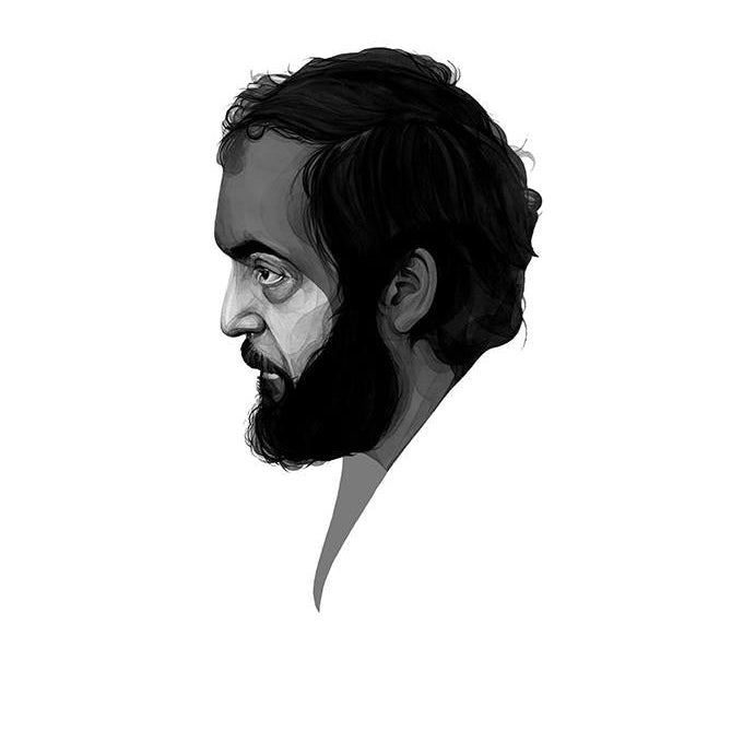 A black and white illustration of a mans profile by Kate Copeland, featuring wavy hair and a beard in an enigmatic Stanley Kubrick style, facing left on a plain white background.