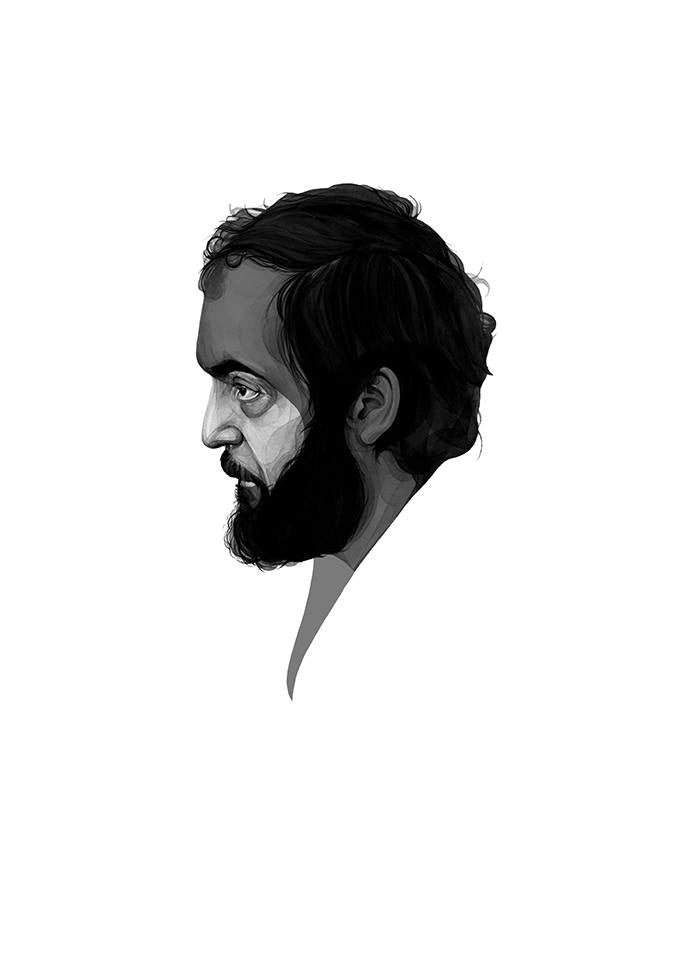 A black and white illustration of a mans profile by Kate Copeland, featuring wavy hair and a beard in an enigmatic Stanley Kubrick style, facing left on a plain white background.