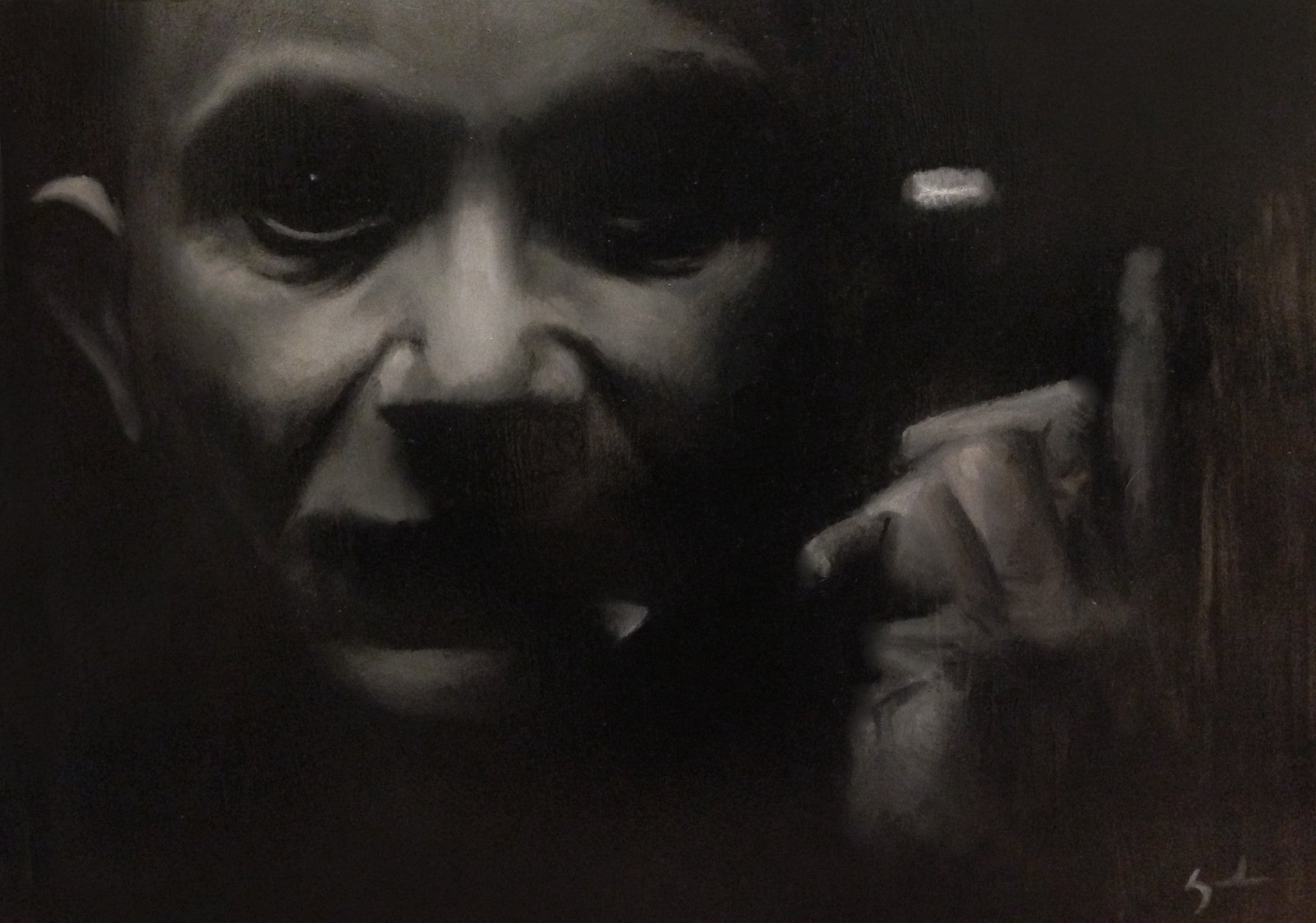 A dark monochrome painting by Kate Zambrano captures a person with an intense expression, partly lit, and a finger near their face. The shadows enhance its dramatic mystery—a true oil on panel masterpiece.
