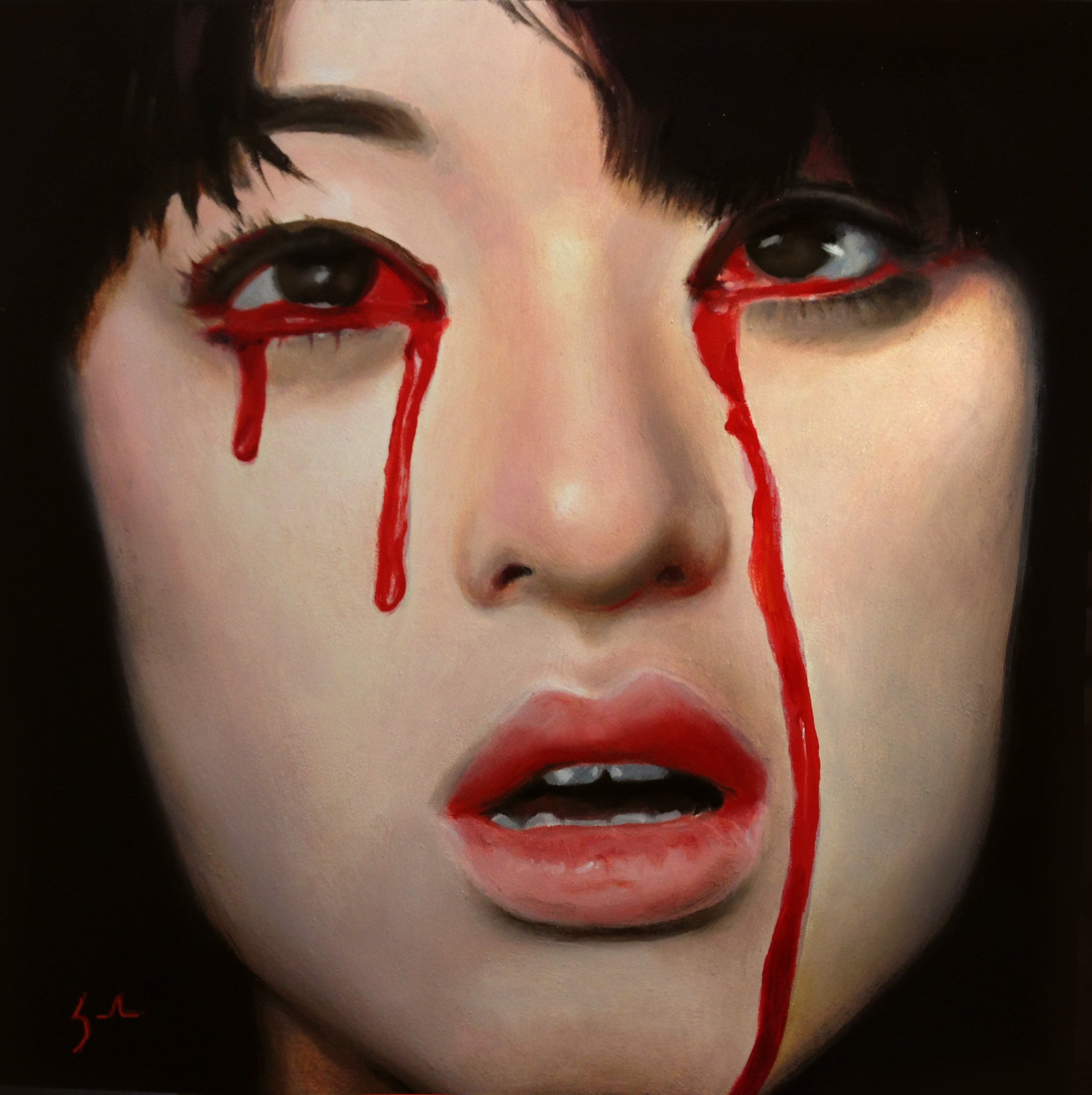 Kate Zambranos oil on panel features a realistic depiction of an individual with dark hair and an open mouth, enhanced by red paint imitating tears. This striking and emotional contrast against their skin evokes profound sadness or intensity.