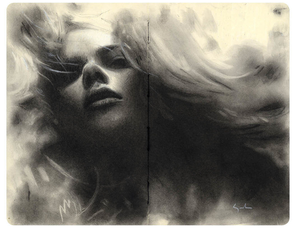 A monochromatic charcoal and pastel sketch of a womans face viewed from below, with eyes closed and hair flowing upwards. Dramatic lighting creates dynamic shadows, giving the piece an ethereal feel in line with Kate Zambranos style.