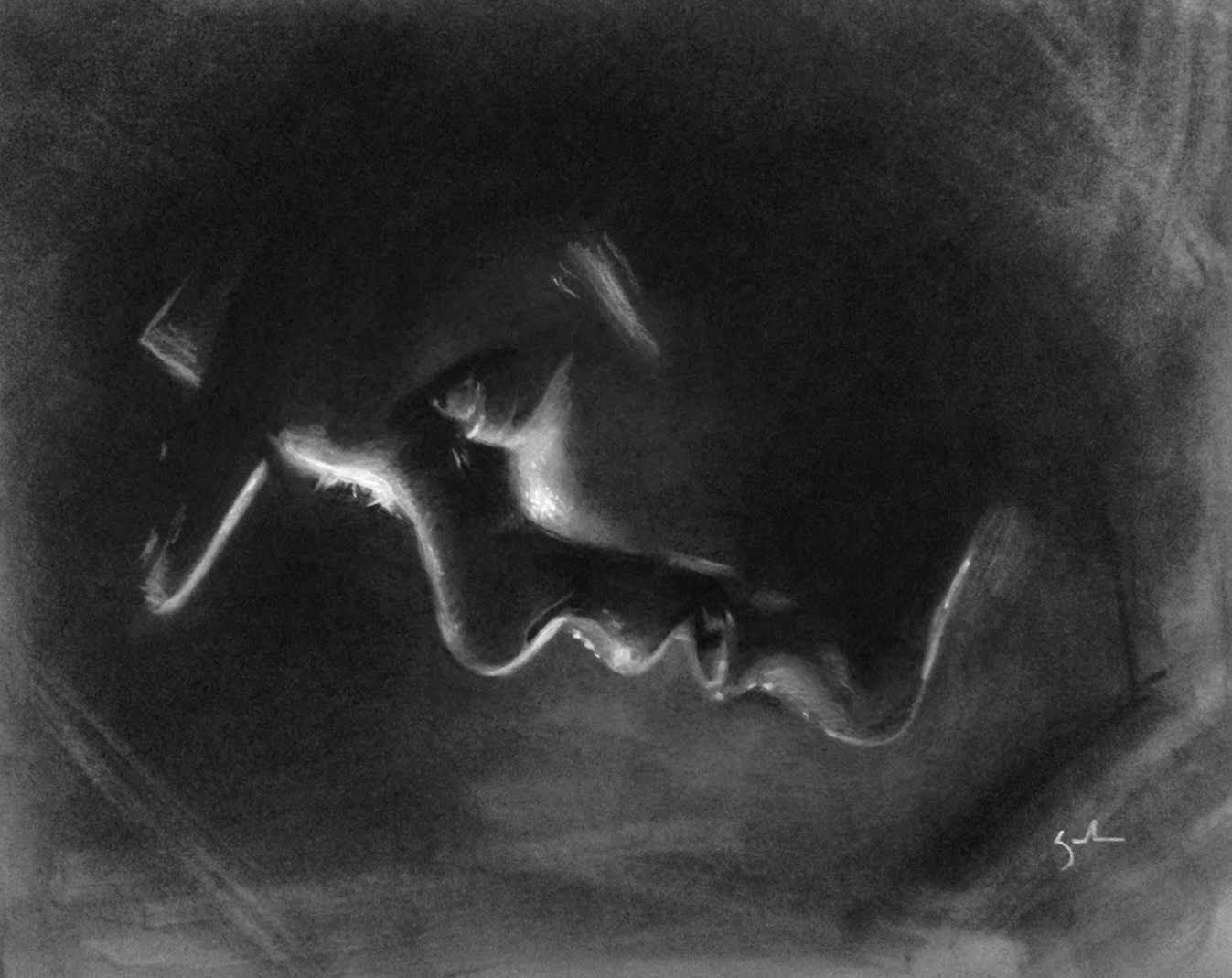 A side profile in shadow, wearing a hat, is captured in this charcoal and pastel drawing on toned paper. The face is highlighted against a dark background, showcasing a contemplative expression with dramatic lighting. This piece is inspired by Kate Zambrano art.