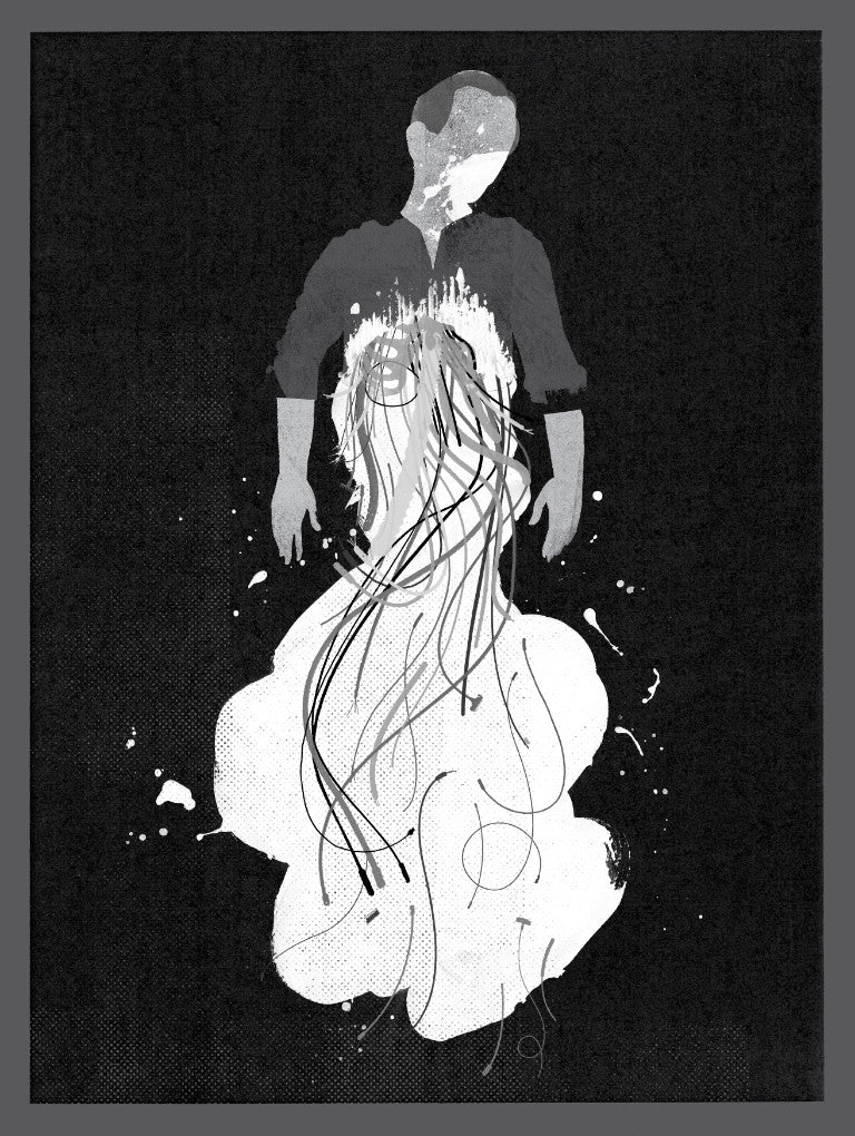 Abstract black and white illustration by Keith Negley depicts a person with smudged features on watercolor paper. The lower half blends into swirling lines and paint splashes on a dark background, evoking a fine art giclee print.