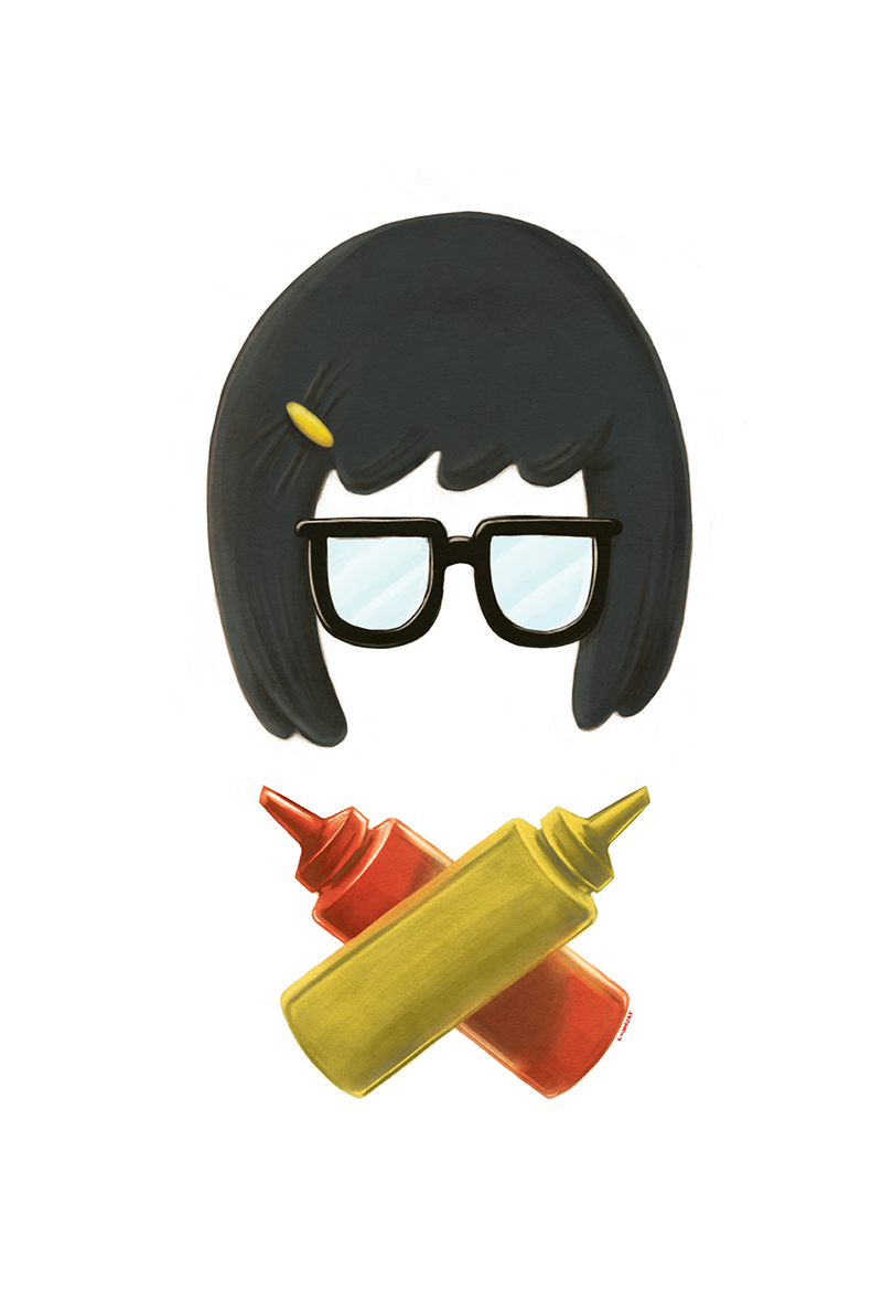 This digital print by Keith Noordzy showcases a character with Tina from Bobs Burgers iconic look: black hair, glasses, and a yellow hair clip. Below her, crossed red and yellow condiment bottles stand out against a white background.
