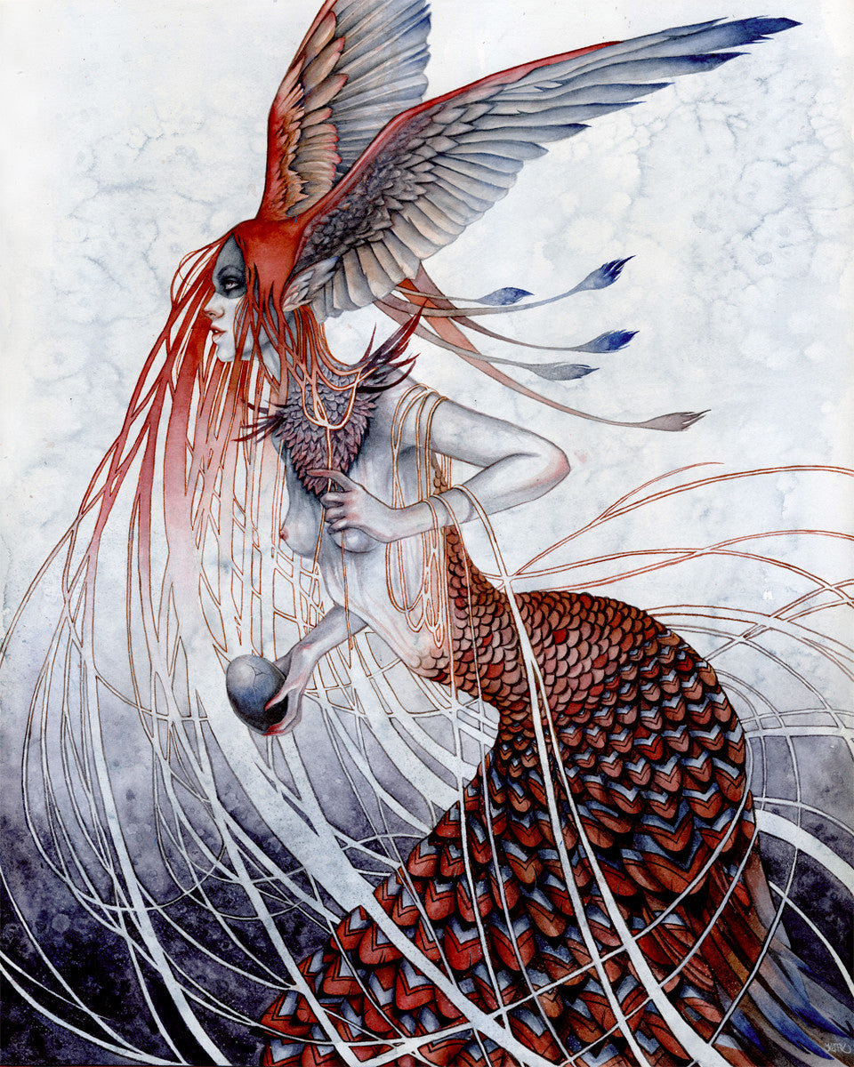 A surreal scene by Kelly McKernan features a figure with a human upper body and fish tail, wearing a feathered bird-like headdress. Elaborate jewelry and flowing lines enhance the ethereal atmosphere, evoking an otherworldly dream herald.