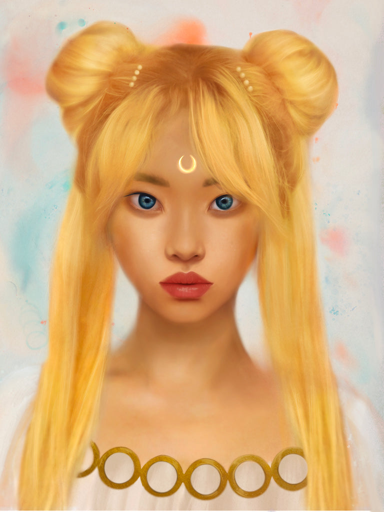 Kemi Mai - "Serenity" Print - portrait of a woman with two buns in her blonde hair and Sailor Moon crest on forehead