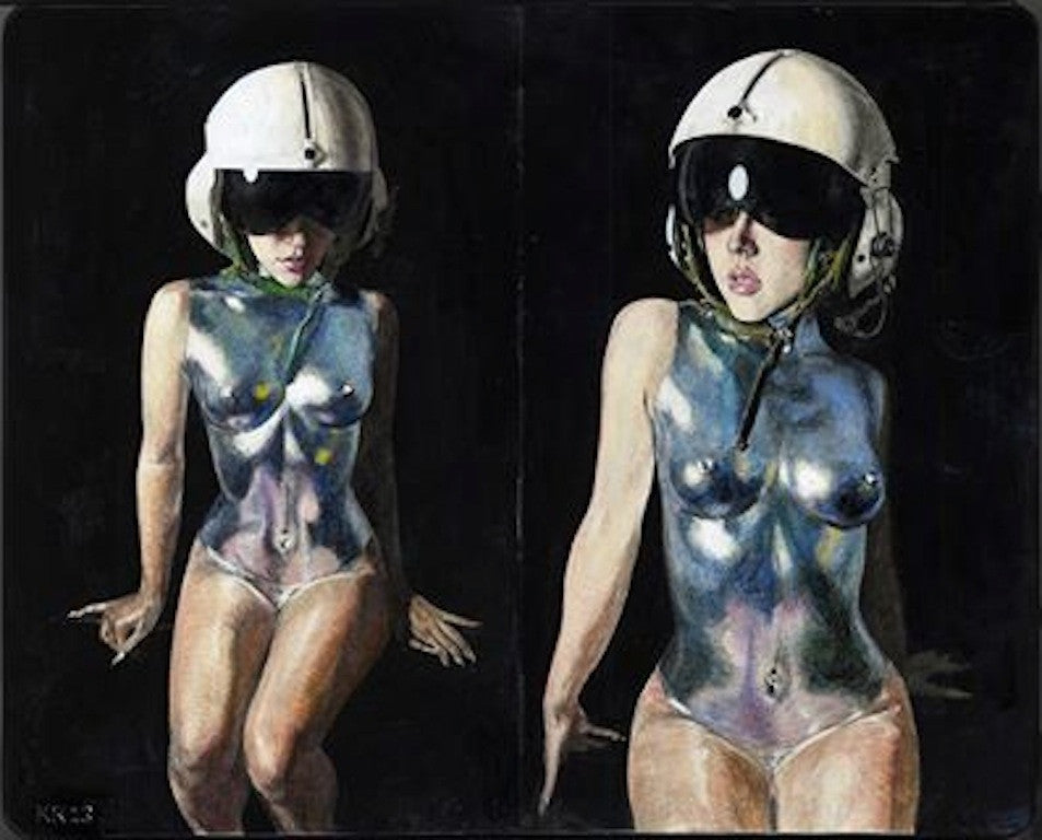 Two illustrated women from Kemp Remillard, wearing sleek white aviation-style helmets with visors, stand against a dark background. Their bodies are painted with abstract galaxy patterns in mirrored poses, adding ink art elegance to the scene.
