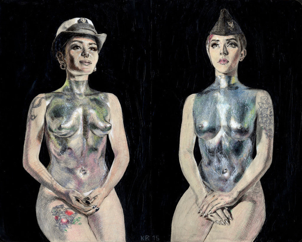 Kemp Remillard presents two striking painted portraits featuring women in metallic body paint and military-style hats. One showcases tattoos and floral motifs on her arm and hip. Both with neutral expressions and clasped hands exude a Chrome Aviation allure against a dark backdrop.