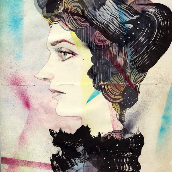A vibrant abstract profile of a woman in Ken Garduno style, featuring a patterned headpiece and circular motifs in her hair, set against a pink, blue, and yellow splashed background.