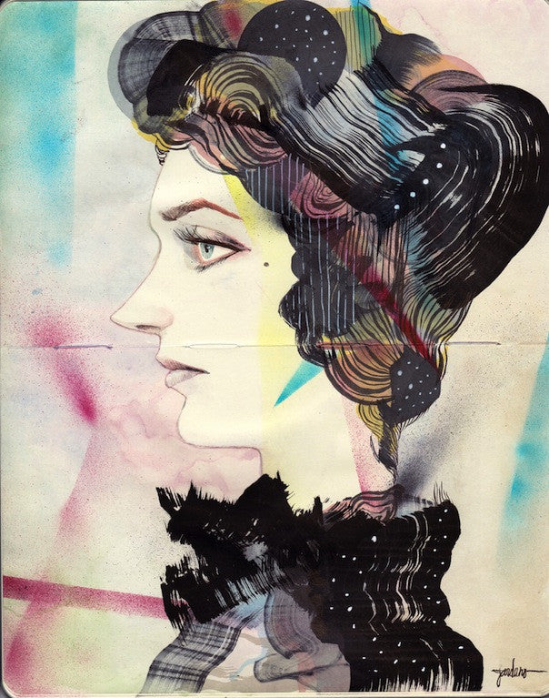 A vibrant abstract profile of a woman in Ken Garduno style, featuring a patterned headpiece and circular motifs in her hair, set against a pink, blue, and yellow splashed background.