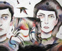 Ken Gardunos surreal artwork features a man and woman with an expressionless gaze, a colorful abstract horse, flying birds symbolizing starmap migration, and a dreamy background of geometric shapes and lines.