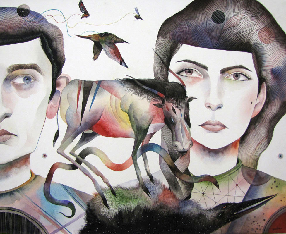 Ken Gardunos surreal artwork features a man and woman with an expressionless gaze, a colorful abstract horse, flying birds symbolizing starmap migration, and a dreamy background of geometric shapes and lines.
