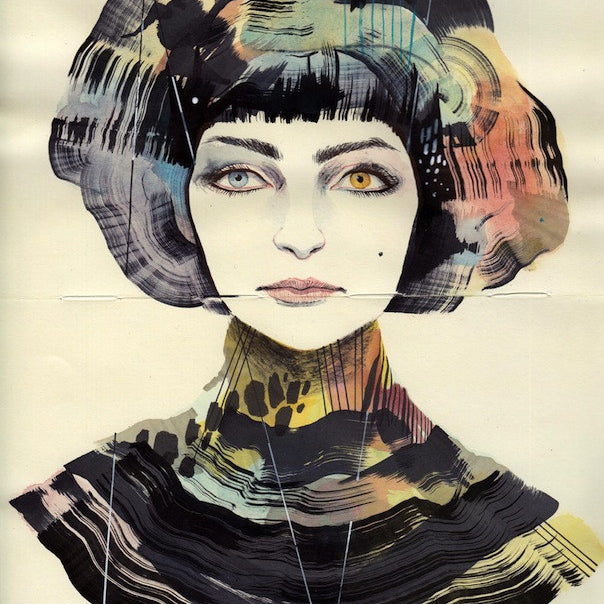 A surreal, abstract Ken Garduno-inspired illustration showcases a woman with short geometric hair in various colors, magnetic eyes—one golden and one grey—and wearing a patterned garment that complements her look.