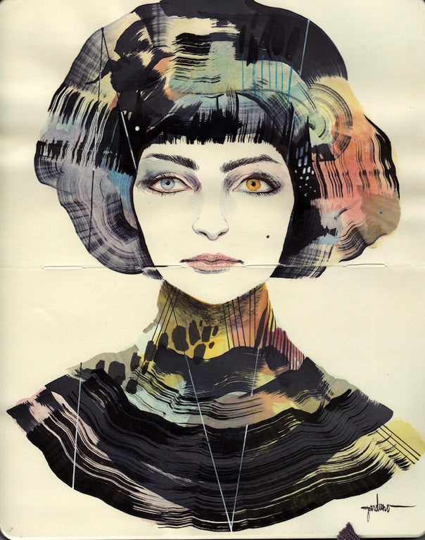 A surreal, abstract Ken Garduno-inspired illustration showcases a woman with short geometric hair in various colors, magnetic eyes—one golden and one grey—and wearing a patterned garment that complements her look.