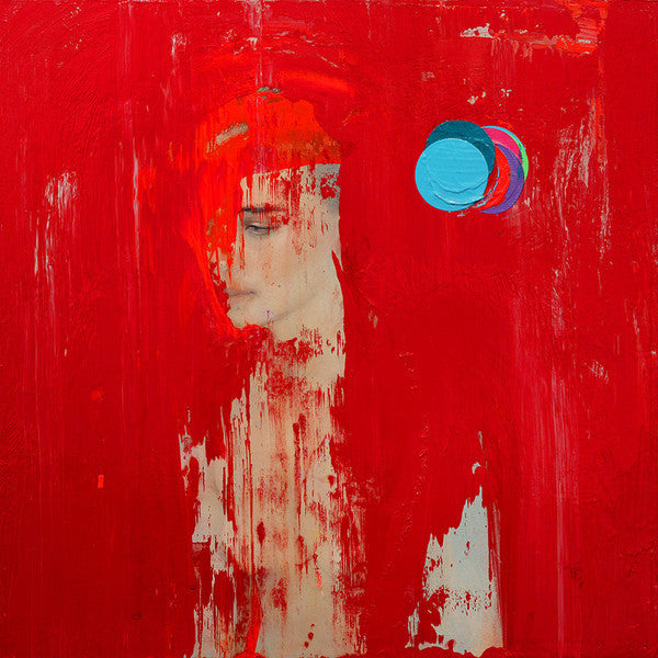 An Erik Jones painting shows a figure partially hidden by vibrant red acrylic textures, with abstract and expressive elements. Bright blue, teal, and pink circles appear on the right.