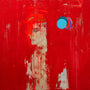 An Erik Jones painting shows a figure partially hidden by vibrant red acrylic textures, with abstract and expressive elements. Bright blue, teal, and pink circles appear on the right.