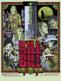 A stylized Kill Bill illustration by Alexander Iaccarino showcases characters, swords, a motorcycle, and martial arts scenes with Japanese symbols and Castro Theatre elements. This fine art giclee print features text: Kill Bill Volume 1 Volume 2.