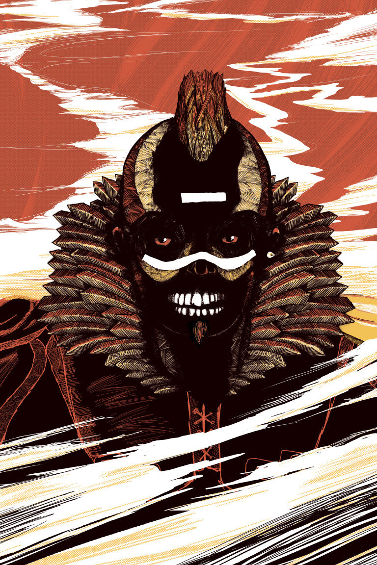 A vibrant abstract featuring a tribal figure with a beard, white markings, and mohawk against dynamic orange and white patterns. This signed and numbered edition screen print by Kraken is perfect for collectors.