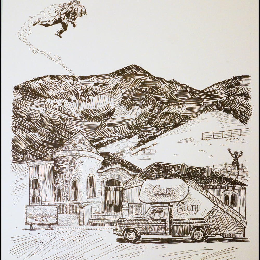 A line drawing by Tim Doyle shows a mountain landscape with original artwork. A person flies with a jetpack in the sky, while below, there is a Bluth Company house and truck referencing Arrested Development. One person is in the truck; another stands on a mountain platform.