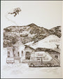 A line drawing by Tim Doyle shows a mountain landscape with original artwork. A person flies with a jetpack in the sky, while below, there is a Bluth Company house and truck referencing Arrested Development. One person is in the truck; another stands on a mountain platform.