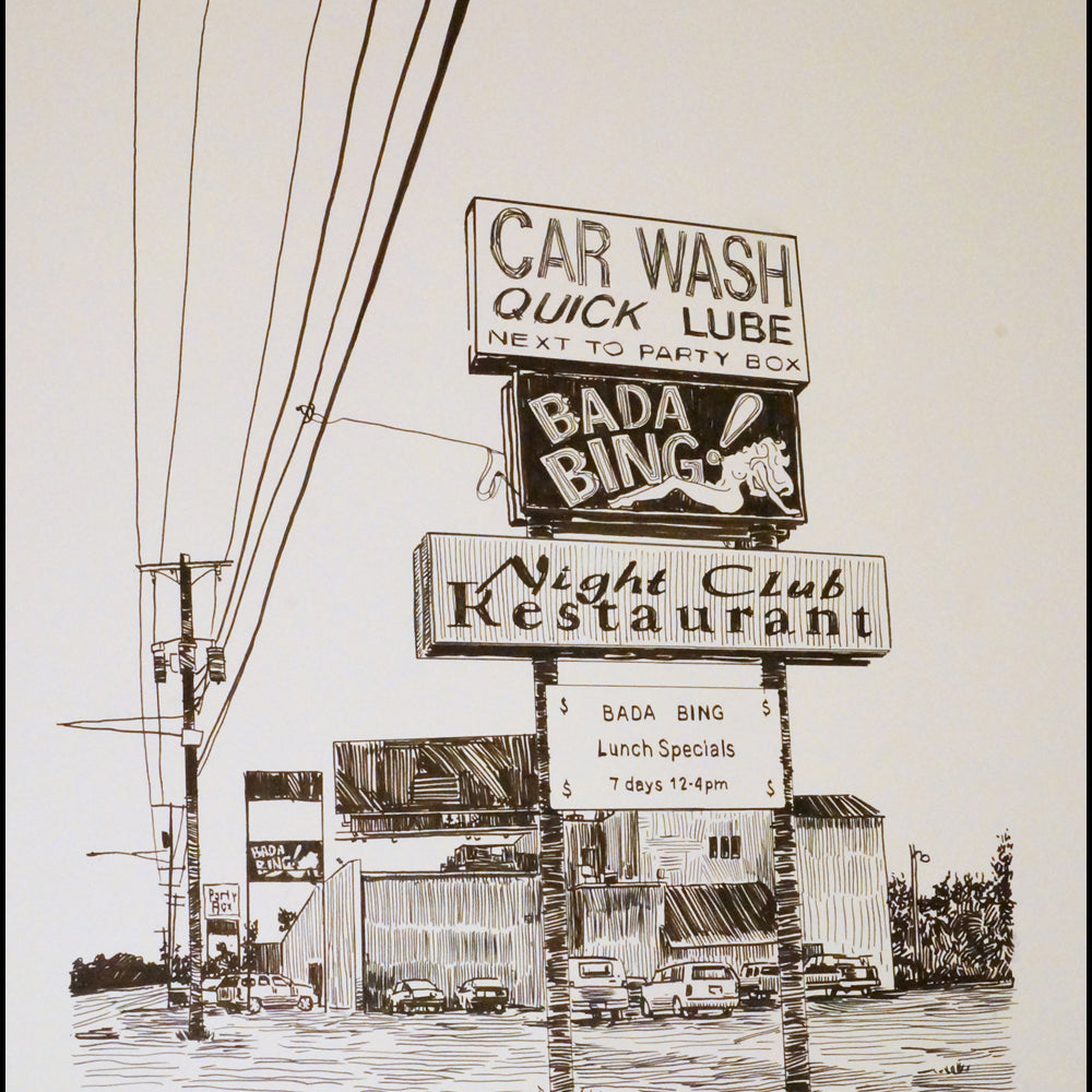 This Tim Doyle-style illustration depicts a street scene with signs for a car wash, Bada Bing, and lunch specials. The pen and ink design features buildings and utility poles in the background.