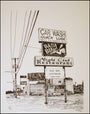 This Tim Doyle-style illustration depicts a street scene with signs for a car wash, Bada Bing, and lunch specials. The pen and ink design features buildings and utility poles in the background.