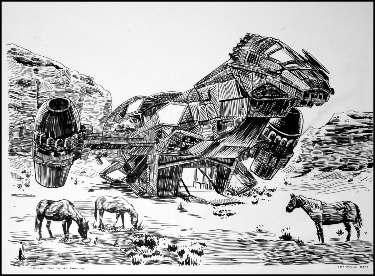 Tim Doyles intricate pen and ink artwork features a futuristic spaceship in a rocky landscape, with three horses peacefully grazing in the foreground, blending science fiction with Wild West themes.