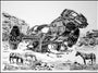 Tim Doyles intricate pen and ink artwork features a futuristic spaceship in a rocky landscape, with three horses peacefully grazing in the foreground, blending science fiction with Wild West themes.