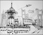This drawing, in Tim Doyles signature style, shows a futuristic cityscape with dome-topped buildings and antennas. A spaceship and blimp soar above, while Good News Everyone is written beside water and a large bridge structure on the right.