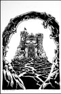 Tim Doyles original pen and ink illustration showcases a fantasy castle with skull-like features, surrounded by towering rocks and vines. The castle has tall towers, a detailed gate, and is viewed through an archway of twisted branches.