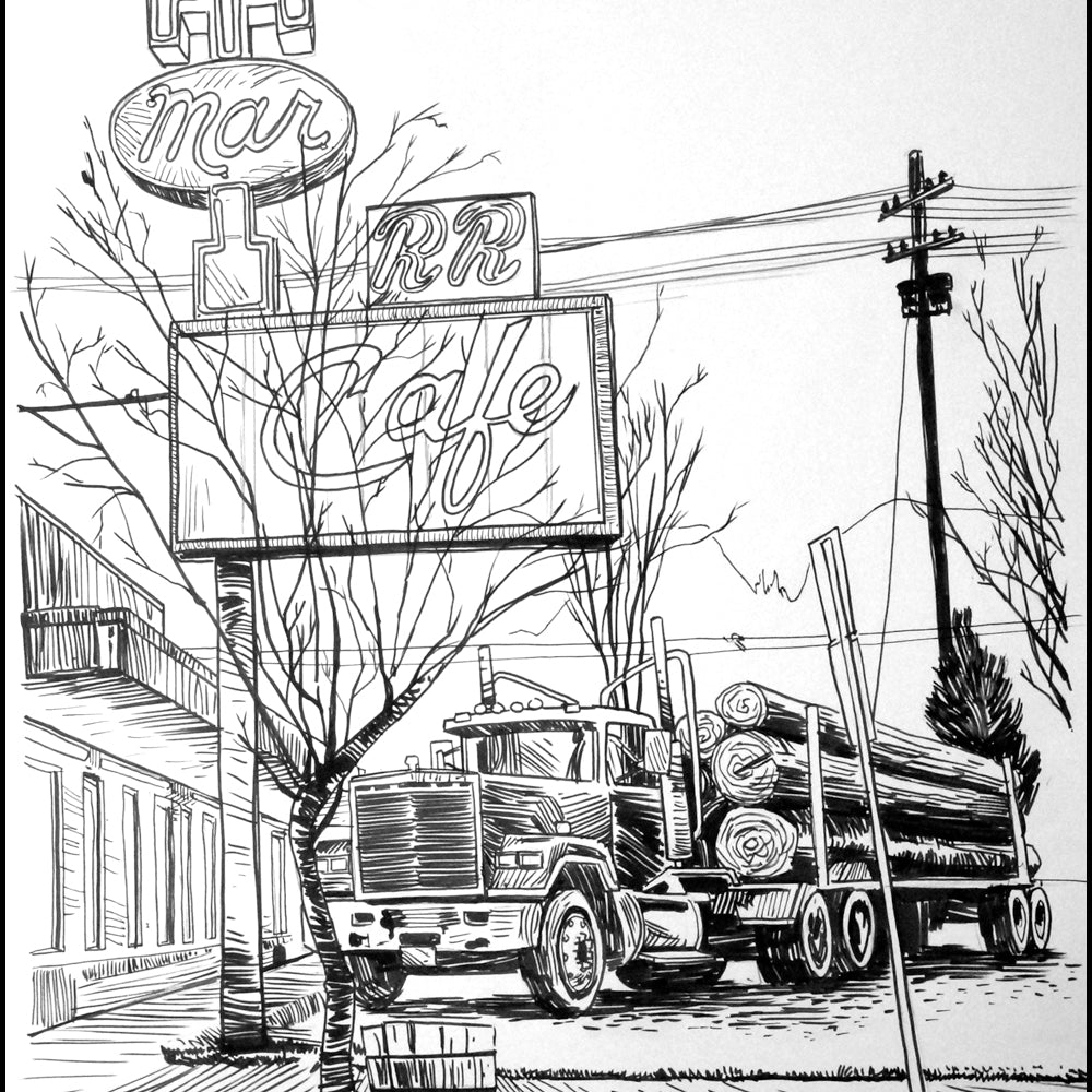 A pen and ink illustration by Tim Doyle depicts a logging truck near a roadside cafe, evoking Twin Peaks. Nearby, a vintage sign with partial letters stands amid utility poles and leafless trees.