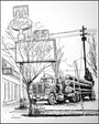 A pen and ink illustration by Tim Doyle depicts a logging truck near a roadside cafe, evoking Twin Peaks. Nearby, a vintage sign with partial letters stands amid utility poles and leafless trees.
