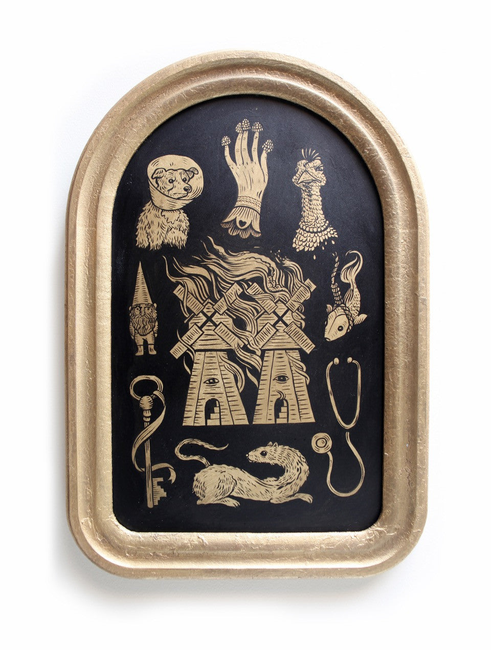 A Dan Christofferson arched artwork features golden illustrations, like burning houses, an otter, and a hand, all on a black acrylic panel with a gold border frame and La Pincées signature style.